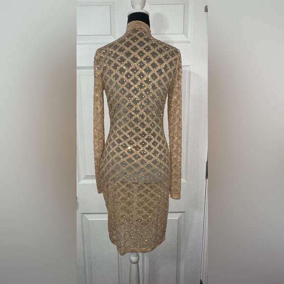 Elegant clear gem studded Long Sleeve shear Dress asymmetrical stylish zipper - Picture 8 of 13